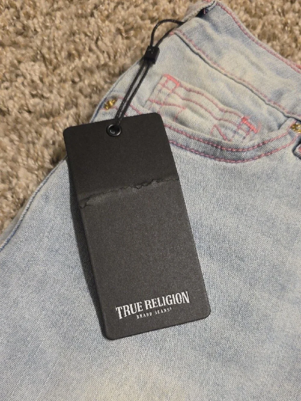 NWT True Religion Light Wash Denim Mini Skirt w/ Pink Stitching